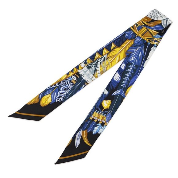 HERMES Twilly Danse Pacifique Dance Pacific Silk100% Blue Nuit/Jaune Vif/Black - Picture 2 of 8